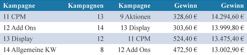 Ranking der Kampagnen nach spezifischem Gewinn Ranking der Kampagnen nach spezifischem Gewinn