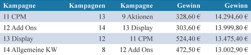 Ranking der Kampagnen nach spezifischem Gewinn