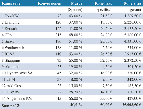 Spezifischer<span class='gl_tt' onClick='OpenTooltip(this, 53);'> Rohertrag </span>in den Kampagnen