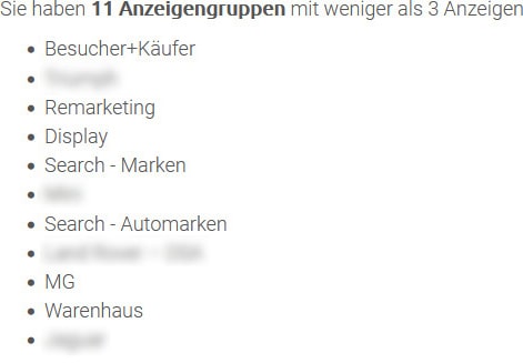 Anzeigeneffizienz ermitteln; Anzeigengruppen mit weniger als drei Anzeigen; Google Ads Tool